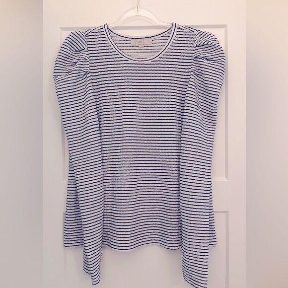 LOFT Blue White Striped Pleated Puff Sleeve Top Womens EUC - Picture 1 of 6
